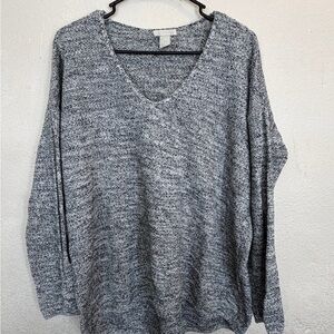 H&M Conscious Gray Marled Knit V-Neck Sweater - Large - Cotton Blend Relaxed Fit
